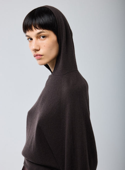 Brown Long Sleeves Hoodie Sweater in Cashmere - MAJESTIC FILATURES
