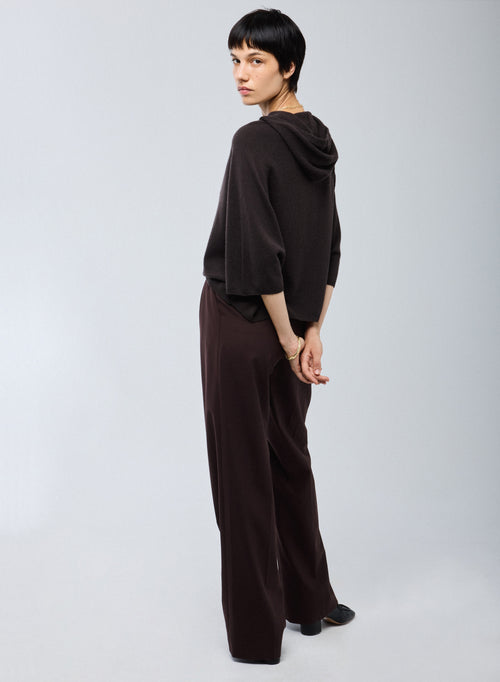 Brown Long Sleeves Hoodie Sweater in Cashmere - MAJESTIC FILATURES