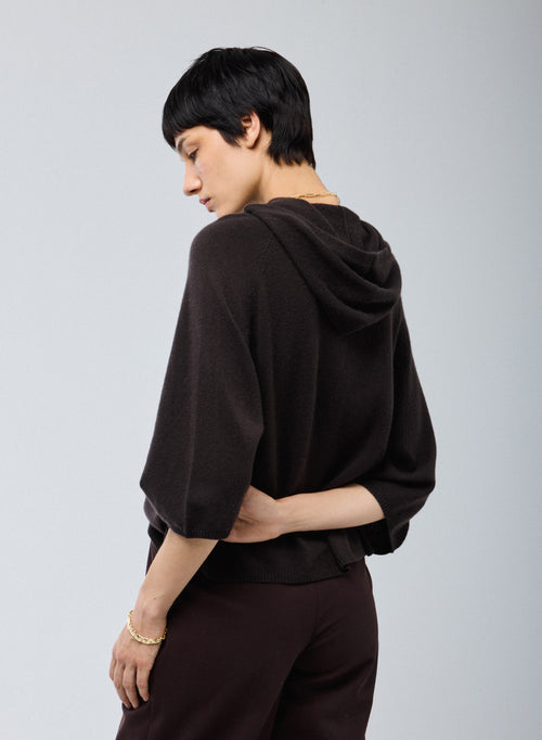 Brown Long Sleeves Hoodie Sweater in Cashmere - MAJESTIC FILATURES