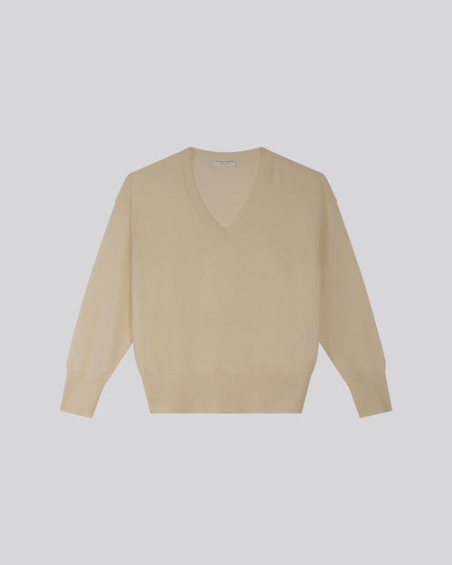 Suéter Blanco con Cuello en V y Mangas Largas de Cachemir - MAJESTIC FILATURES