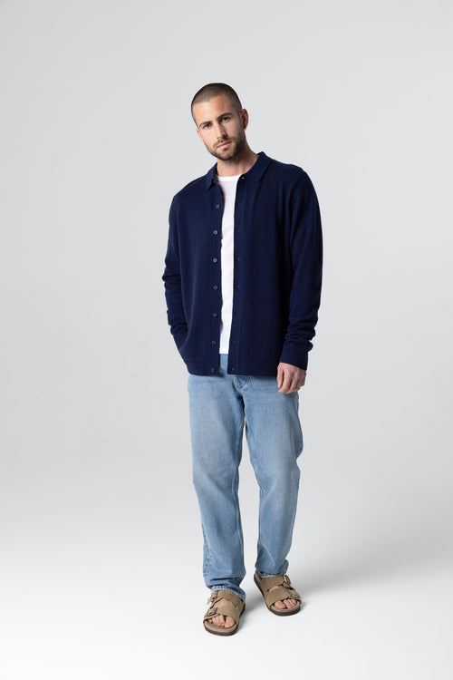 Gilet Marine Col Chemise Manches Longues en Cachemire - MAJESTIC FILATURES