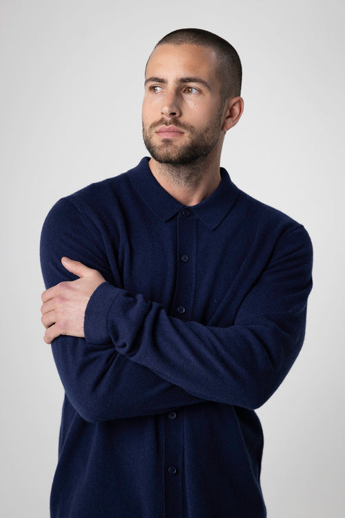 Gilet Marine Col Chemise Manches Longues en Cachemire - MAJESTIC FILATURES