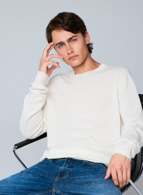 Pull Blanc Col Rond Manches Longues en Cachemire - MAJESTIC FILATURES