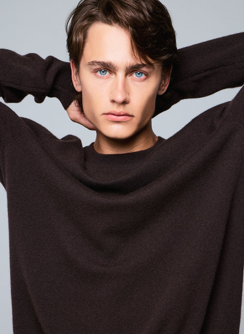 Brown round-neck sweater with long sleeves in cashmere - MAJESTIC FILATURES