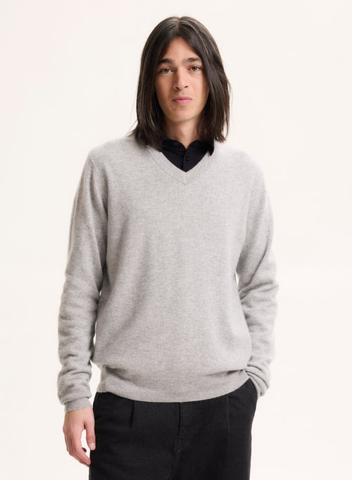 Grey V-neck Long Sleeve Sweater - MAJESTIC FILATURES