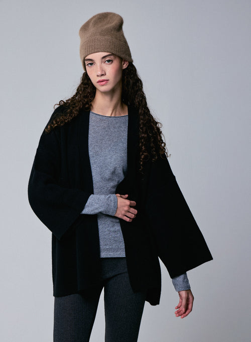 Gilet Noir Col Châle Manches Longues en Laine merinos - MAJESTIC FILATURES