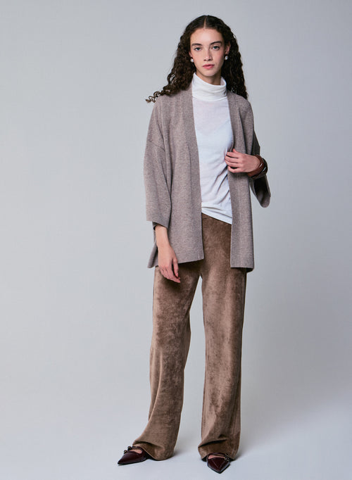 Beige Strickjacke mit langärmeligem Schalkragen aus Merinowolle - MAJESTIC FILATURES