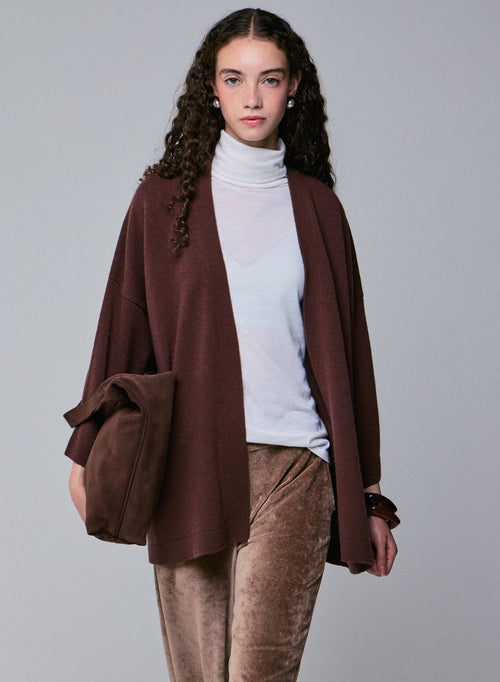 Gilet Marron Col Châle Manches Longues en Laine merinos - MAJESTIC FILATURES