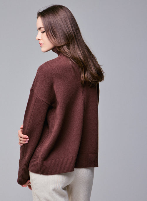 Jersey de cuello alto de manga larga marrón en lana merino - MAJESTIC FILATURES