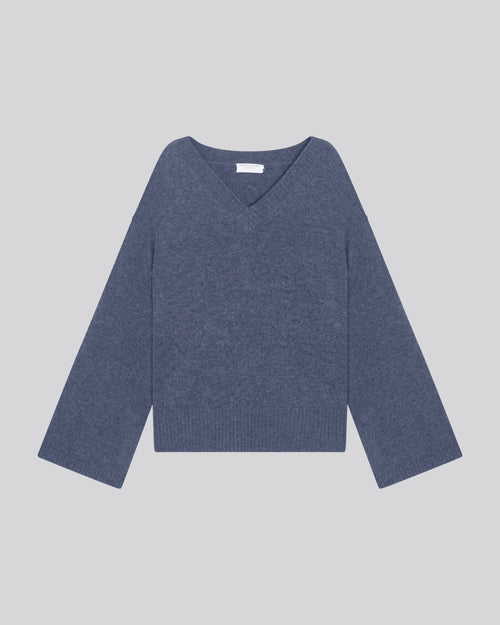Grey V-neck long-sleeved sweater in merino wool - MAJESTIC FILATURES