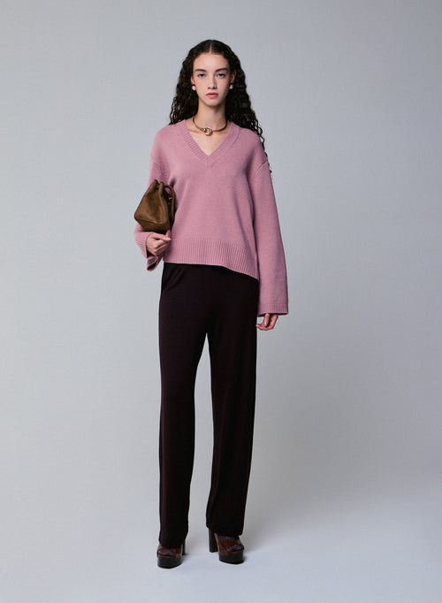 Pull Rose Col V Manches Longues en Laine merinos - MAJESTIC FILATURES
