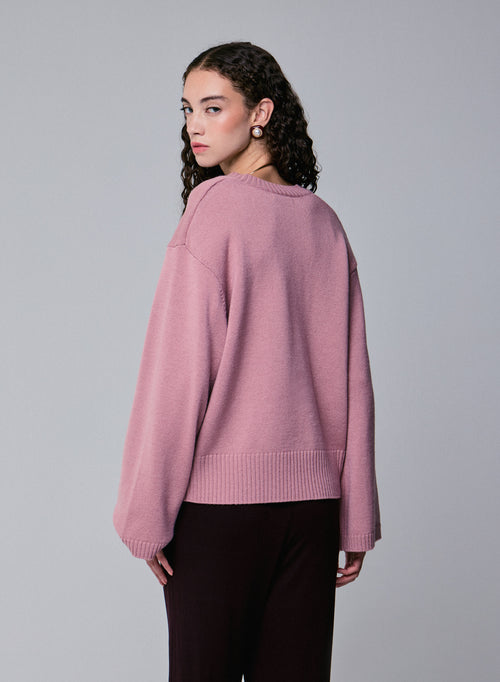 Pull Rose Col V Manches Longues en Laine merinos - MAJESTIC FILATURES