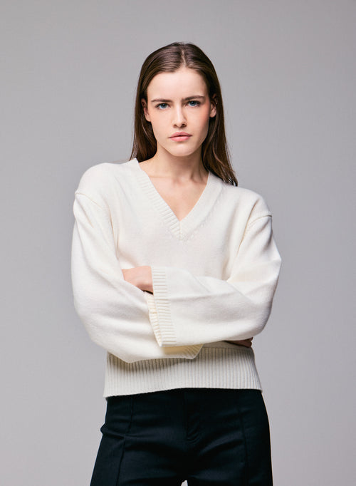 Pull Blanc Col V Manches Longues en Laine merinos - MAJESTIC FILATURES