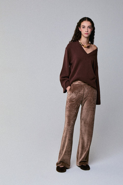Brown V-neck long-sleeved merino wool sweater - MAJESTIC FILATURES