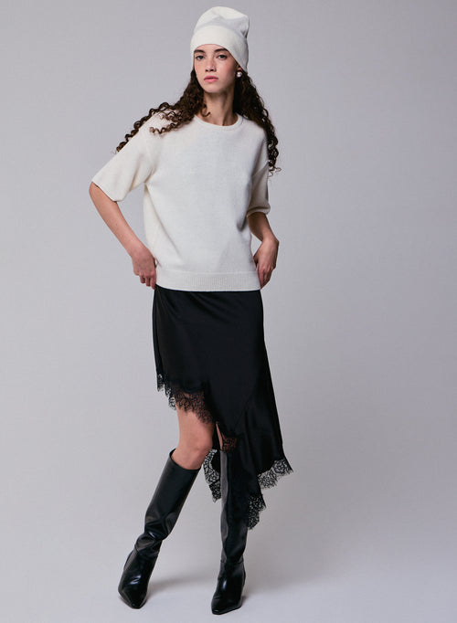 Weißer Kurzarmpullover aus Merinowolle mit Rundhalsausschnitt - MAJESTIC FILATURES