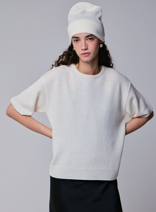 Weißer Kurzarmpullover aus Merinowolle mit Rundhalsausschnitt - MAJESTIC FILATURES