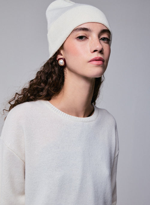 Weißer Kurzarmpullover aus Merinowolle mit Rundhalsausschnitt - MAJESTIC FILATURES