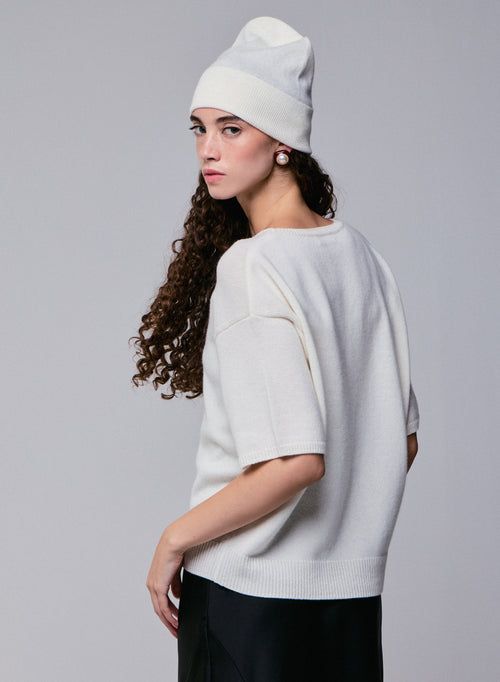 Weißer Kurzarmpullover aus Merinowolle mit Rundhalsausschnitt - MAJESTIC FILATURES