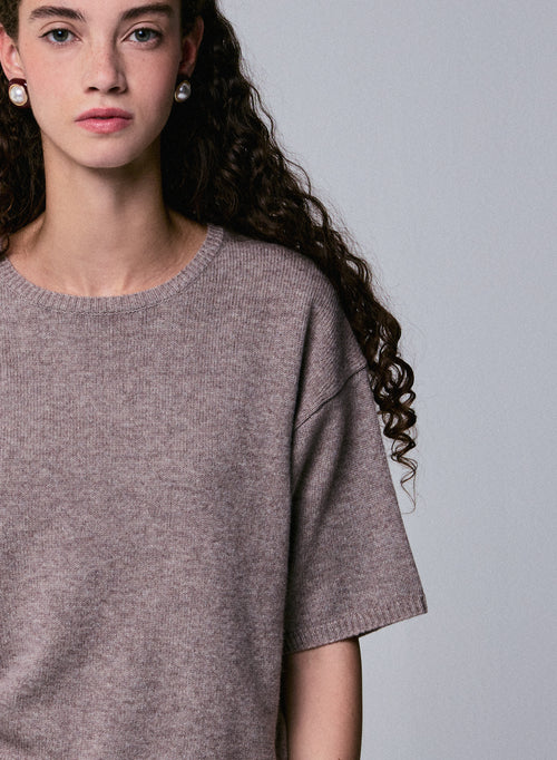 Suéter de lana merino de manga corta con cuello redondo beige - MAJESTIC FILATURES