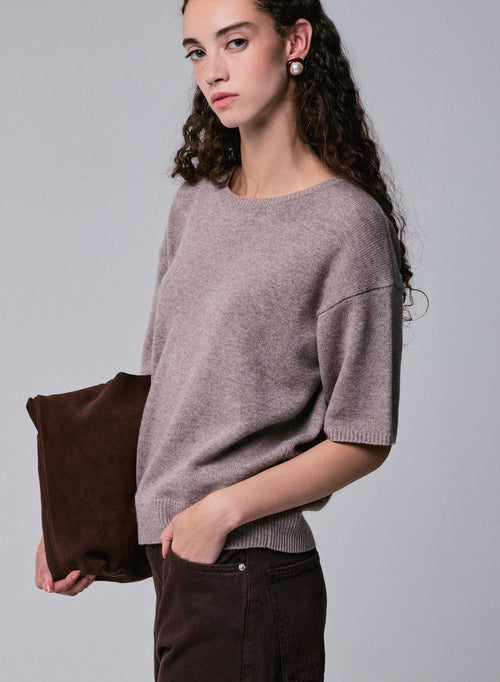 Pull Beige Col Rond Manches Courtes en Laine merinos - MAJESTIC FILATURES