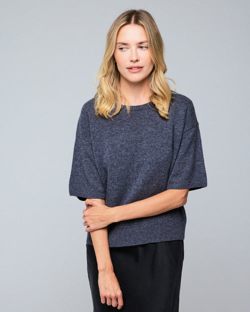 Grey Round Neck Short Sleeve Merino Wool Sweater - MAJESTIC FILATURES