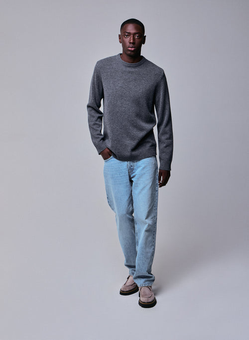 Jersey de lana merino de manga larga con cuello redondo gris - MAJESTIC FILATURES