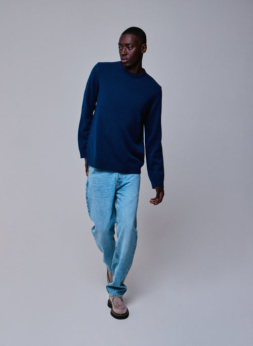 Pull Bleu Col Rond Manches Longues en Laine merinos - MAJESTIC FILATURES
