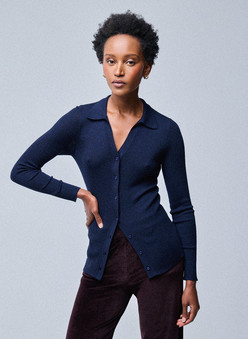 Marineblauer Pullover Langarmshirt aus Merinowolle - MAJESTIC FILATURES