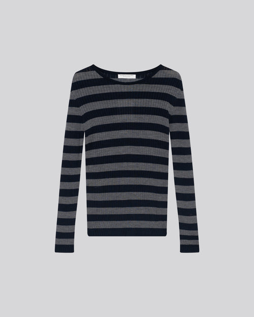 Suéter Azul Marino con Cuello Redondo y Mangas Largas de Lana Merina - MAJESTIC FILATURES