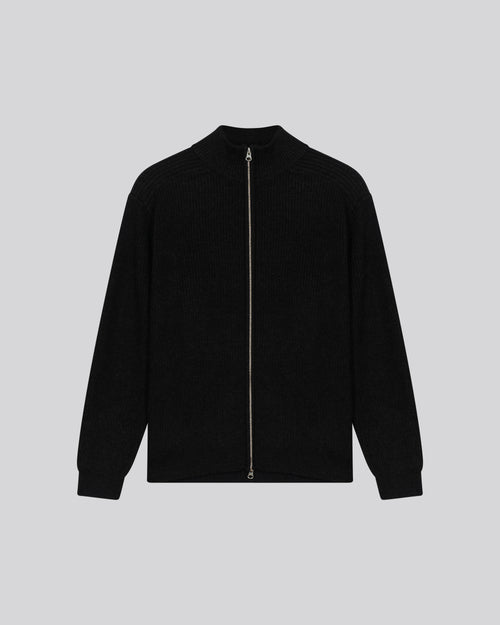 Schwarze Strickjacke mit langen Ärmeln und hohem Kragen aus Merinowolle - MAJESTIC FILATURES