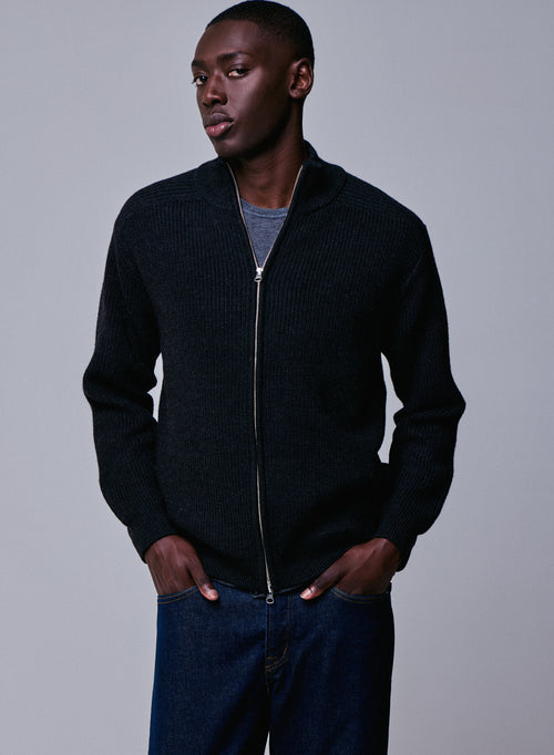 Gilet Noir Col Montant Manches Longues en Laine merinos - MAJESTIC FILATURES