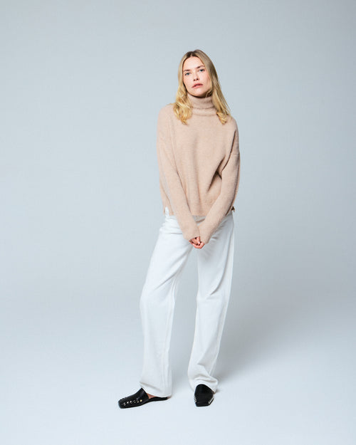 Pull Beige Col Roulé Manches Longues en Laine / Cachemire - MAJESTIC FILATURES