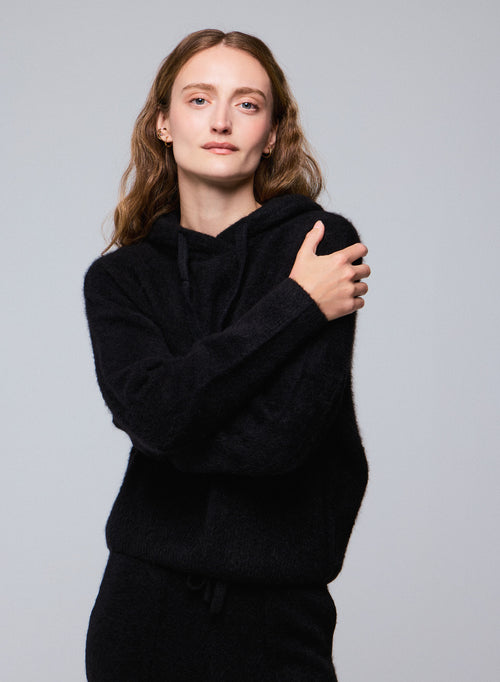Black hooded sweater with long sleeves in alpaca / polyamide / elastane - MAJESTIC FILATURES