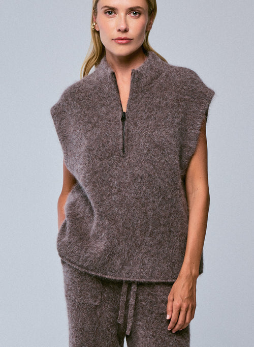 Jersey beige con cuello alto sin mangas en alpaca / poliamida / elastano - MAJESTIC FILATURES