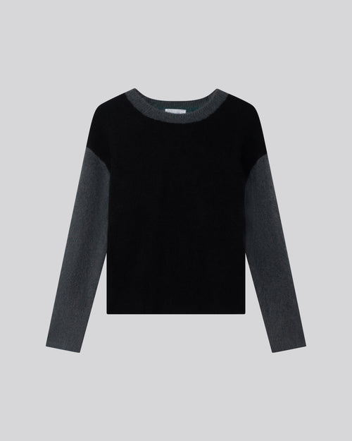 Black / Blue Round Neck Long Sleeves Sweater in Alpaca / Polyamide / Elastane - MAJESTIC FILATURES