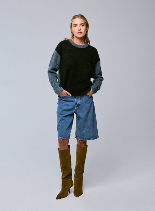 Black / Blue Round Neck Long Sleeves Sweater in Alpaca / Polyamide / Elastane - MAJESTIC FILATURES