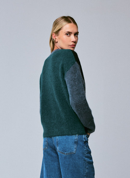 Black / Blue Round Neck Long Sleeves Sweater in Alpaca / Polyamide / Elastane - MAJESTIC FILATURES