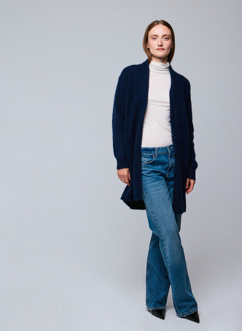 Marineblaue Strickjacke mit langen Ärmeln aus Wolle / Fuchs / Polyamid - MAJESTIC FILATURES