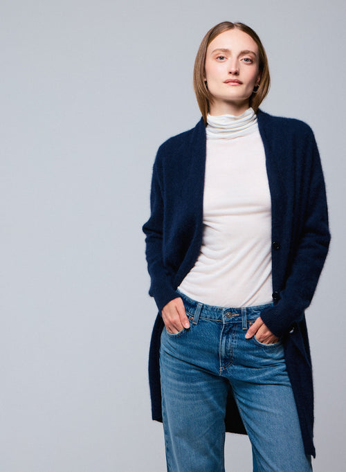 Gilet Marine Col Châle Manches Longues en Laine / Fox / Polyamide - MAJESTIC FILATURES