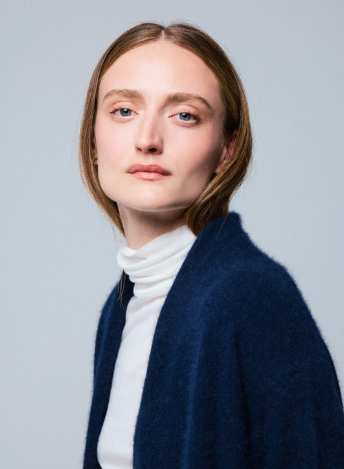 Marineblaue Strickjacke mit langen Ärmeln aus Wolle / Fuchs / Polyamid - MAJESTIC FILATURES