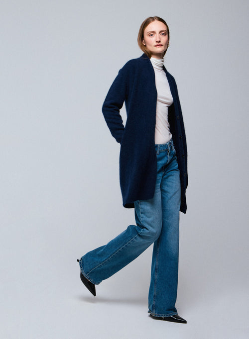 Marineblaue Strickjacke mit langen Ärmeln aus Wolle / Fuchs / Polyamid - MAJESTIC FILATURES