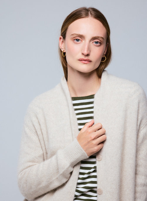 Cárdigan beige con cuello chal de manga larga en lana / zorro / poliamida - MAJESTIC FILATURES