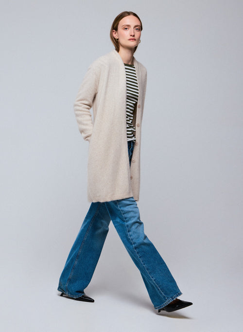 Cárdigan beige con cuello chal de manga larga en lana / zorro / poliamida - MAJESTIC FILATURES