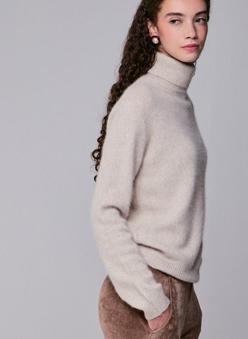Pull Beige Col Roulé Manches Longues en Laine / Fox / Polyamide - MAJESTIC FILATURES