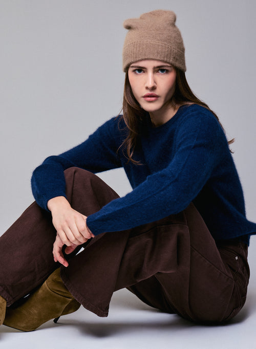 Jersey de manga larga azul marino con cuello redondo en lana / Fox / Poliamida - MAJESTIC FILATURES