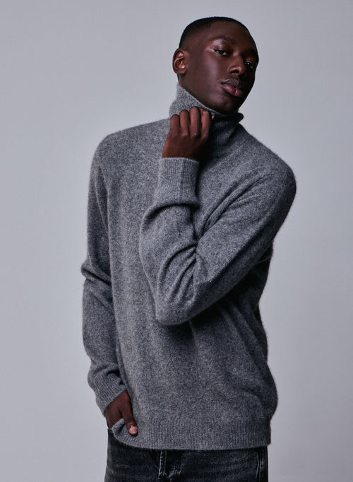 Pull Gris Col Roulé Manches Longues en Laine / Fox / Polyamide - MAJESTIC FILATURES