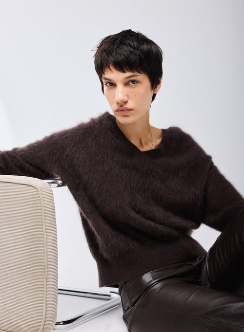 Pull Marron Col V Manches Longues en Laine / Cachemire - MAJESTIC FILATURES