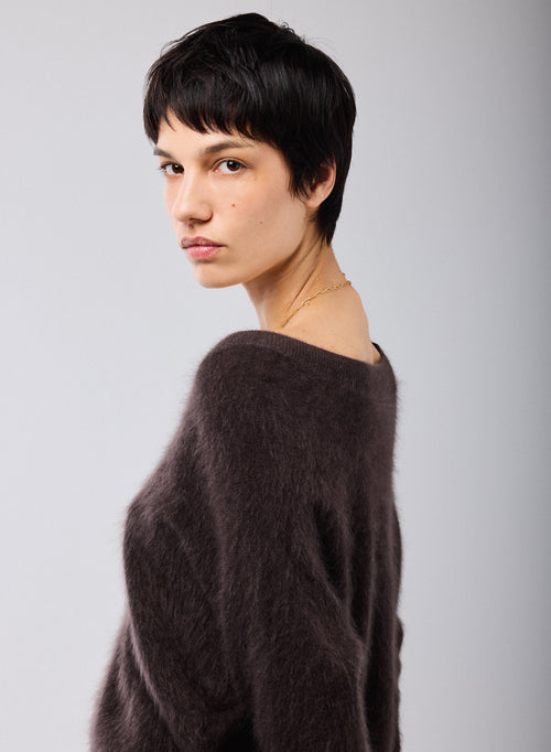 Suéter Marrón con Cuello en V y Mangas Largas de Lana / Cachemir - MAJESTIC FILATURES