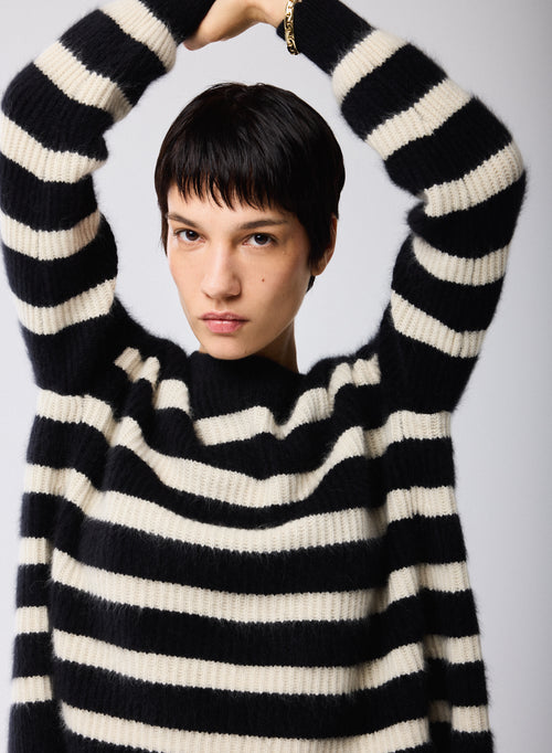 Jersey Negro / Beige Cuello Redondo Mangas Largas en Lana / Zorro / Poliamida - MAJESTIC FILATURES