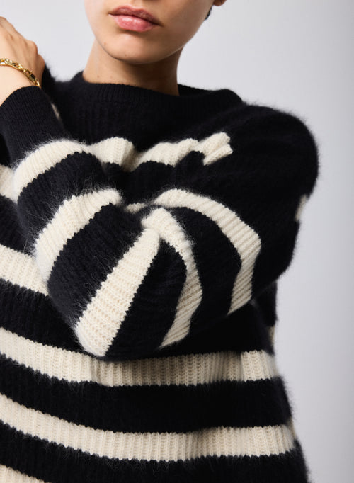 Jersey Negro / Beige Cuello Redondo Mangas Largas en Lana / Zorro / Poliamida - MAJESTIC FILATURES